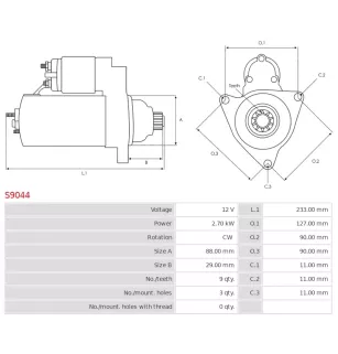 Démarreur 12V 2.70Kw 9 dents KHD 01161384, 01163669, 01164668, 01164994, 01164995, 01170052
