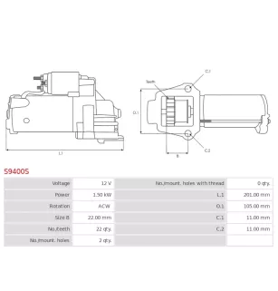 Démarreur 12V 1.50KW 22 dents FORD 5F9T-11000-AA, 5F9TAA, 5F9Z-11002-AA, 6F9T-11000-AA, 6F9Z-11V00-2ARM1