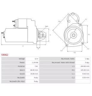 Démarreur 12V 1.10Kw 9 dents OPEL 1202218, 1202420, 1202595, 55556092, 55556093, 6202084