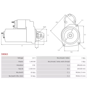 Démarreur 12V 1.40Kw 10 dents VOLVO 30659557, 31268035, 31652010, 31652012, 36000039, 360003221