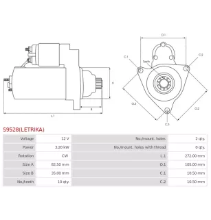 Démarreur 12V 3.20kW 10 dents AS-PL UD812036(LETRIKA)S, ISKRA / LETRIKA 11.131.294, 11.131.753, 11.131.772, 11.131.788