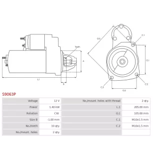 Démarreur 12V 1.40Kw 10 dents VOLVO 30659557, 31268035, 31652010,
