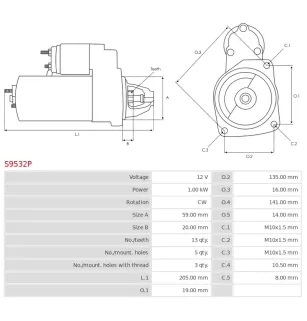 Démarreur 12V 1.00kW 13 dents Remplace pour AS-PL UD101614S, FORD AMKR3S-11000-AA, RENAULT 23300-8820R