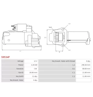 Démarreur 12V 2.20kW 11 dents AS-PL UD101612S, FORD 2258234, AMK2GT-11000-DB, K2GT-11000-DB, CASCO CST14151GS
