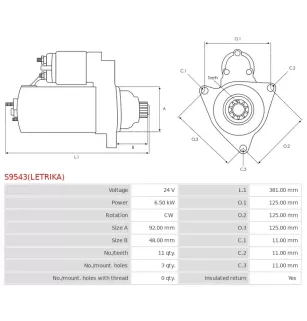 Démarreur 24V 6.50kW 11 dents AS-PL UD810018(LETRIKA)S, CARGO 115443, ISKRA / LETRIKA 11.131.354 11.132.013 11.132.238