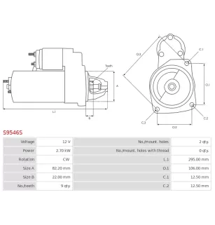 Démarreur 12V 2.70kW 9 dents AS-PL UD100732S, BOSCH 0001354031, 0001354095, 0001366025, 0986011190