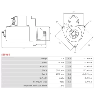 Démarreur 24V 2.50kW 11 dents AS-PL UD100894S, ISKRA / LETRIKA 11.130.980, 11.131.134, 11.131.163, AZE2106