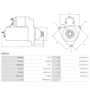 Démarreur 24V 7.50kW 11 dents AS-PL UD102105S, BOSCH 0001330042, 0001371006, 0986017760, CARGO 111910