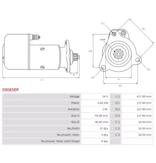 Démarreur 24V 6.60Kw 12 dents ELMOT 017.000.0, R20A, R22-17, AS-PL S9065ER, DELCO 19024164