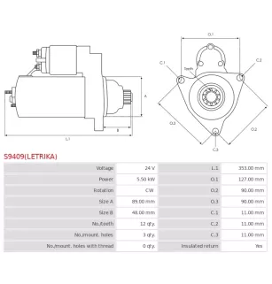 Démarreur 24V 5.50KW 12 dents ISKRA / LETRIKA IS1211, AZF4698, 11.131.871, DEUTZ 01183035, CASCO CST21610GS