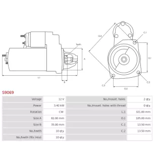 Démarreur 12V 3.40Kw 10 dents JOHN DEERE AL110503, AL110504,