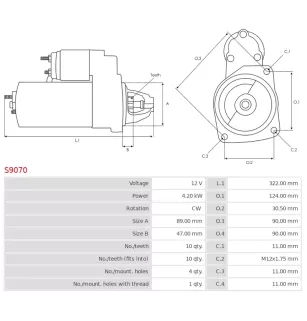 Démarreur 12V 4.20Kw 10 dents DELCO 1109198, 1109263, 1113281, 1113282, 12301341, 1998330