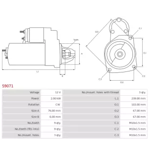 Démarreur 12V 2.00Kw 9 dents FORD 1253808, 1387092, 1480550, 1564725, 1671579, 1728770