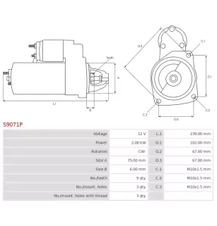 Démarreur 12V 2.00Kw 9 dents FORD 1253808, 1387092, 1480550,