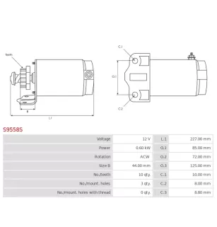 Démarreur 12V 0.60kW 10 dents AS-PL UD13715S, CARGO 110646, PRESTOLITE 46-2034, 46937, MGL4008
