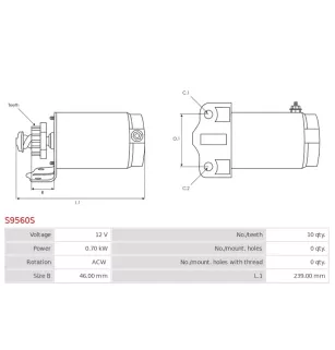 Démarreur 12V 0.70kW 10 dents AS-PL UD13671S, CARGO 110654, 113150, F032110654, HELLA 8EA737272-001