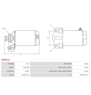 Démarreur 12V 0.60kW 9 dents AS-PL UD13674S, BOSCH F04200M009, CARGO 110636, CHRYSLER 480955, 489955