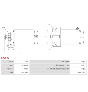 Démarreur 12V 0.60kW 9 dents AS-PL UD13675S, CARGO 112146, ALANKO 10440761, ARROWHEAD SAB0028, AUTOTEAM SCA138A