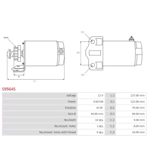 Démarreur 12V 0.60kW 10 dents AS-PL UD13673S, CARGO 110644, PRESTOLITE 20513506TBA, 462119 MGL4109