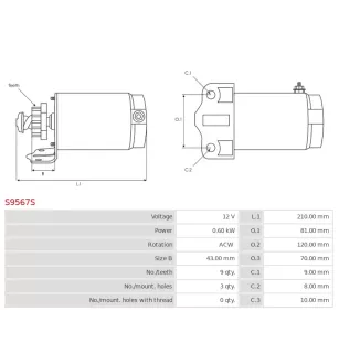 Démarreur 12V 0.60kW 9 dents AS-PL UD13690S, CARGO 110647, 112155