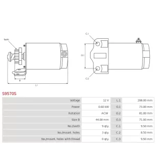 Démarreur 12V 0.60kW 9 dents AS-PL UD13689S, CARGO 110240, PRESTOLITE 462118, 462196, 462438