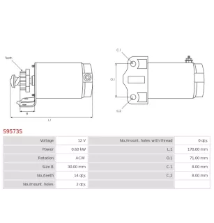 Démarreur 12V 0.60kW 14 dents AS-PL UD13655S, BRIGGS STRATTON 695479, CARGO 115592, ARROWHEAD SBS0038, KRAUF STZ5479