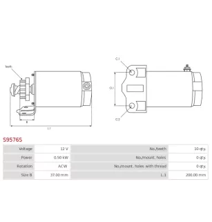 Démarreur 12V 0.50kW 10 dents AS-PL UD13666S, CARGO 111012, DELCO RS41034, HELLA 8EA732679-001, ALANKO 10440360