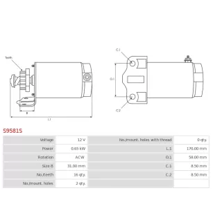 Démarreur 12V 0.65kW 16 dents AS-PL UD13648S, BOSCH 0986012111, BRIGGS STRATTON 392749, 394805, 497594