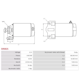 Démarreur 12V 0.60kW 16 dents AS-PL UD13649S, BOSCH F032112242, BRIGGS STRATTON 399928, 495100, 498148