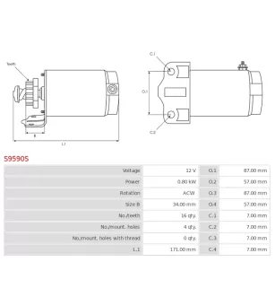 Démarreur 12V 0.80kW 16 dents AS-PL UD13664S, CARGO 112564, JOHN DEERE AM32092, AM34731, ALANKO 10440919