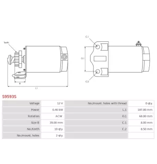 Démarreur 12V 0.40kW 10 dents AS-PL UD13656S, ARROWHEAD SAB0126, LESTER 5922, PIC 106-223, WAI / TRANSPO 2-2963