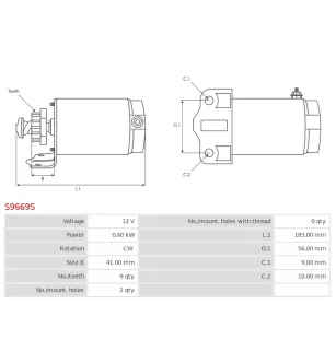 Démarreur 12V 0.60KW 9 dents DIXIE 242-06104, MS-809, MS-809N, WAI / TRANSPO 18421N, 2-2154, 2-54-121