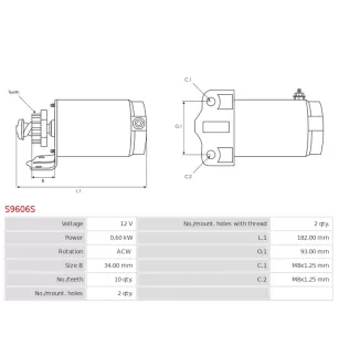 Démarreur 12V 0.60kW 10 dents AS-PL UD13716S, CARGO 116448, F032116448, JOHN DEERE MIA11761, MIA11949