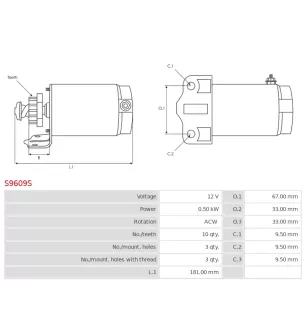 Démarreur 12V 0.50kW 10 dents AS-PL UD13692S, BOSCH F04200D011, F042S0D012, CARGO 110510, HELLA 8EA730324001