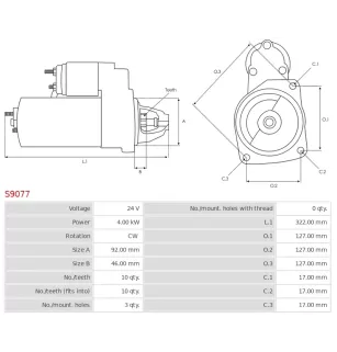 Démarreur 24V 4.00Kw 10 dents KAMAZ 142B13708000, 74030260, 74050260, 74051320, 91023708000