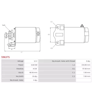Démarreur 12V 0.60kW 10 dents AS-PL UD19054S, DELCO RS41195, MITSUBA SM14231, SUZUKI 31100-19B00, 31100-19B11