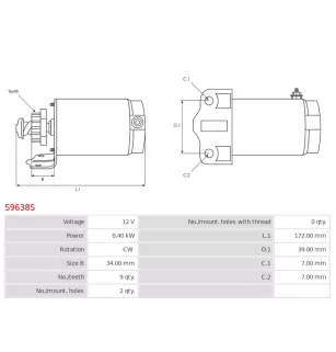 Démarreur 12V 0.40kW 9 dents AS-PL UD19083S, AUTOTEAM SCA121A, CASCO CST38121AS, FARCOM 108527, ITAB AUTOMOTIVE 10038121AV