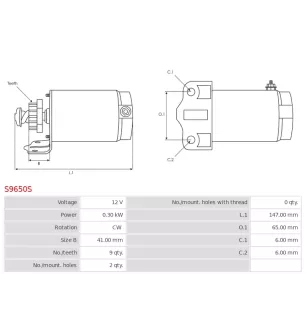 Démarreur 12V 0.30kW 9 dents AS-PL UD19032S, SUZUKI 31100-05300, 31100-05320, 31100-05500, 31100-05501