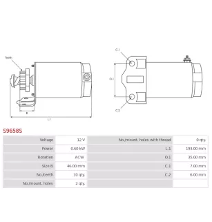 Démarreur 12V 0.60kW 10 dents AS-PL UD19137S, CARGO 111921, DELCO RS41181, DENSO 128000-4400, HONDA 31200-HA0-773