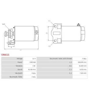 Démarreur 12V 0.80kW 9 dents AS-PL UD19138S, HONDA 31200-MCH-000, 31200-MCH-831, 31200-MCH-A00, LESTER 18678