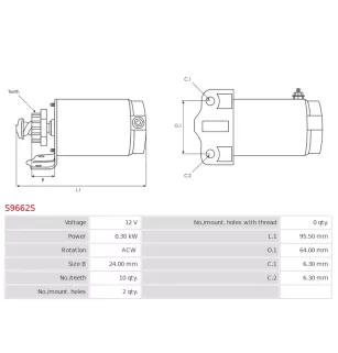 Démarreur 12V 0.30kW 10 dents AS-PL UD18999S, ALANKO 10439237, DIXIE 242-06129, LESTER 18642 18646
