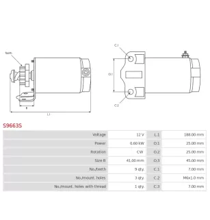 Démarreur 12V 0.60kW 9 dents AS-PL UD19110S, BOSCH F032112010, CARGO 111916, 112010, DELCO RS41178