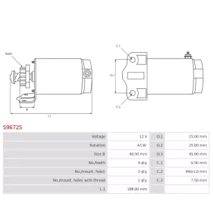 Démarreur 12V 40.50mm 9 dents KAWASAKI 21163-3720, 21163-3721, ALANKO 10439295, 439295, LESTER 18432