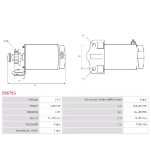 Démarreur 12V 0.60KW 9 dents POLARIS 3084981, 3090188, WILSON 71-26-18645, 91-26-2059, BOSCH F032113528