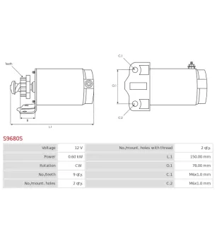 Démarreur 12V 0.60KW 9 dents POLARIS 3083646, 3083760, 3084403