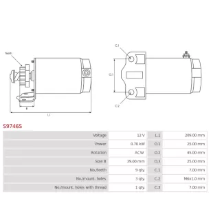 Démarreur 12V 0.70kW 9 dents AS-PL UD19181S, JOHN DEERE C420888991, ALANKO 10439155, ARROWHEAD SMU0289, BOMBARDIER 420-888-991