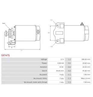 Démarreur 12V 0.80kW 9 dents AS-PL UD19182S, DELCO RS41231, ALANKO 10439277, ARROWHEAD SMU0259, DIXIE 242-06150