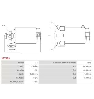 Démarreur 12V 0.50kW 9 dents AS-PL UD19230S, HONDA 31200-KTF-981, MITSUBA SM18, ALANKO 10437997, ARROWHEAD SMU0547