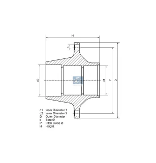 Moyeu de roue, sans roulements, d1: 120 mm, d2: 150 mm, D: 270 mm, 10 bores, b: 22 mm, P: 225 mm, M125 x 2, H: 205 mm