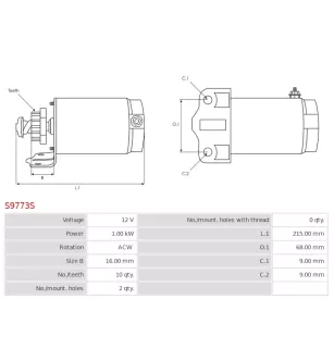 Démarreur 12V 1.00kW 10 dents AS-PL UD19209S, CARGO 114075, F032114075, DELCO RAS41069, RS41069